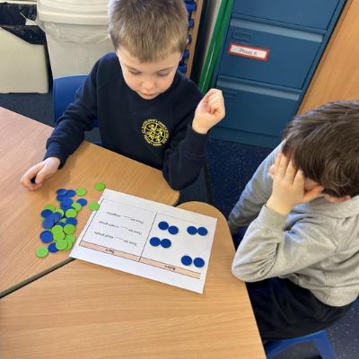 Making equal groups with counters to find out how to multiply numbers.